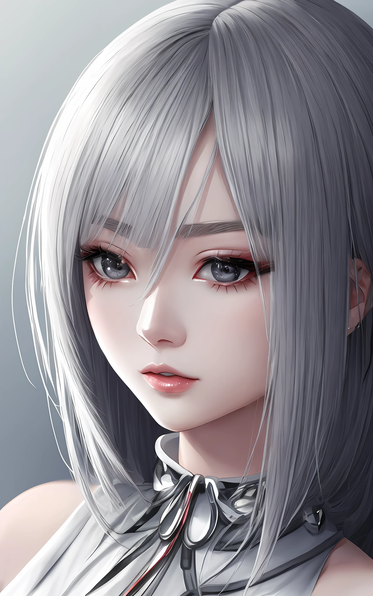 anime styled、Beautiful woman like a fashion model、a closeup、portlate、Beautiful, Moisturized black eyes、Beautiful silver hair without hair ornaments, hight resolution,　top-quality, ​masterpiece, 8k wallpaper、 One Person、