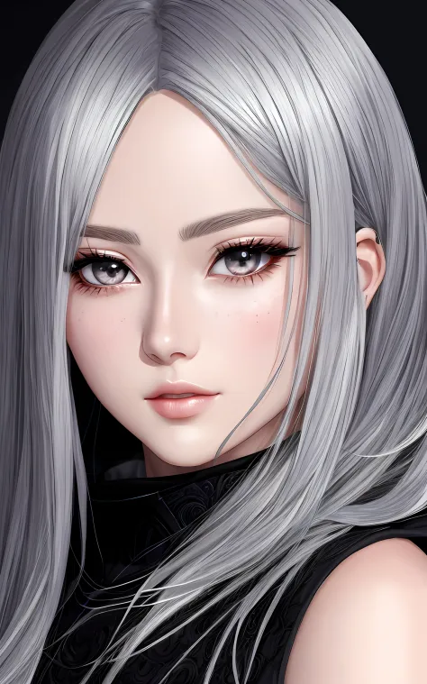 anime styled、Beautiful woman like a fashion model、a closeup、portlate、Beautiful, Moisturized black eyes、Beautiful silver hair without hair ornaments, hight resolution,　top-quality, ​masterpiece, 8k wallpaper、 One Person、
