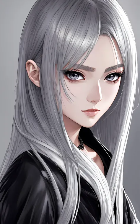 anime styled、Beautiful woman like a fashion model、a closeup、portlate、Beautiful, Moisturized black eyes、Beautiful silver hair without hair ornaments, hight resolution,　top-quality, ​masterpiece, 8k wallpaper、 One Person、