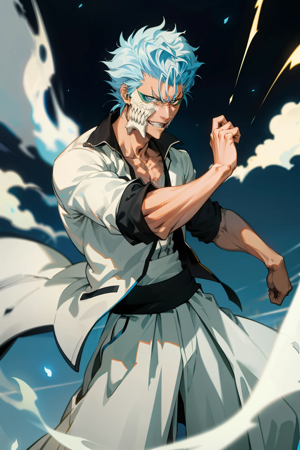 masterpiece, best quality, 1boy, grimmjow jaegerjaquez, at night, night, low light, natural light, fighting pose, white pants,  white jacket, smiling with tongue out, damaged clothes, damaged skin, street, japanese street, low light, light rays, aura power, floating particles, doing a power,  holding a katana, zanpakutou, angry eyes, angry face, smiling, looking ahead, male focus, strong muscles, movie composition, deth of field, bokeh