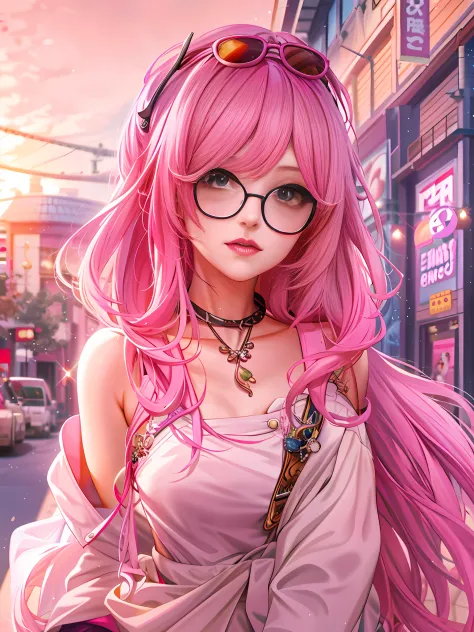 Anime girl posing for photo with pink hair and glasses, Guwiz style artwork, Guwiz, beautiful anime portrait, pink girl, flowing...