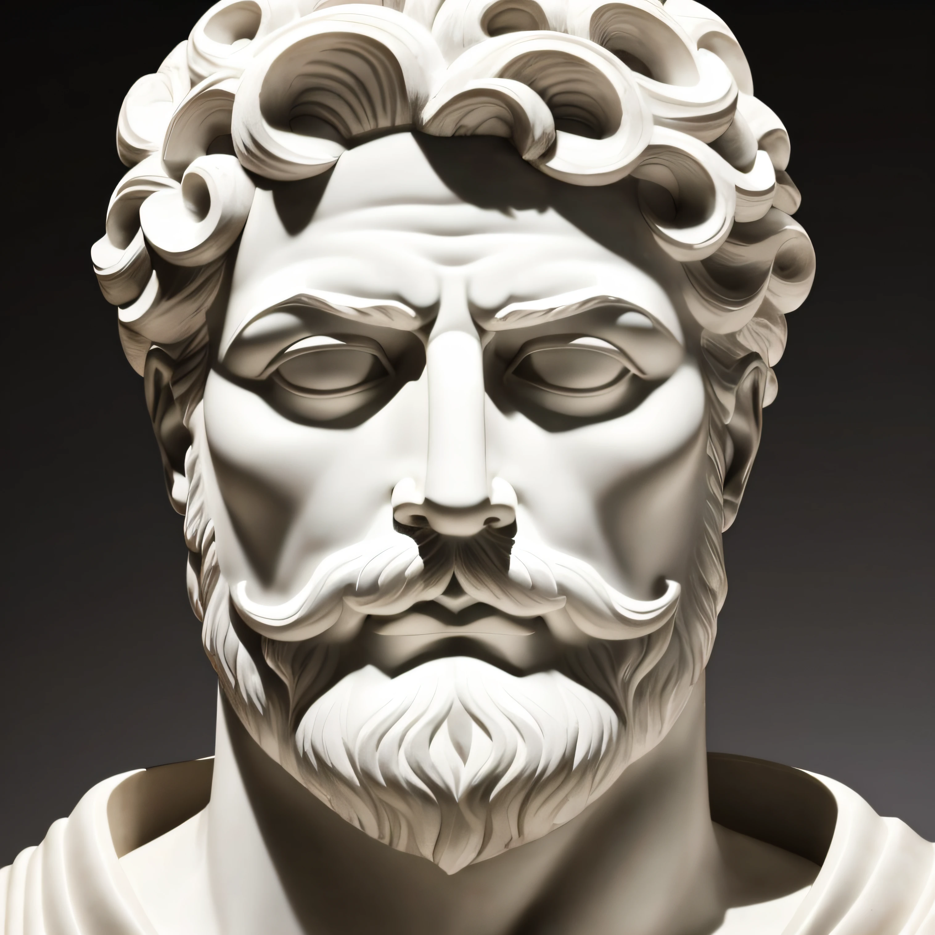 marble carved face of man KING OF ANCIENT ROME, WHITE MARBLE, hair and mustache, eyes and white background light --auto