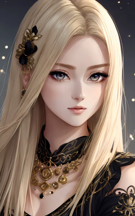 anime styled、Beautiful woman like a fashion model、a closeup、portlate、Beautiful, Moisturized black eyes、Beautiful blonde without hair ornament, hight resolution,　top-quality, ​masterpiece, 8k wallpaper、 One Person、