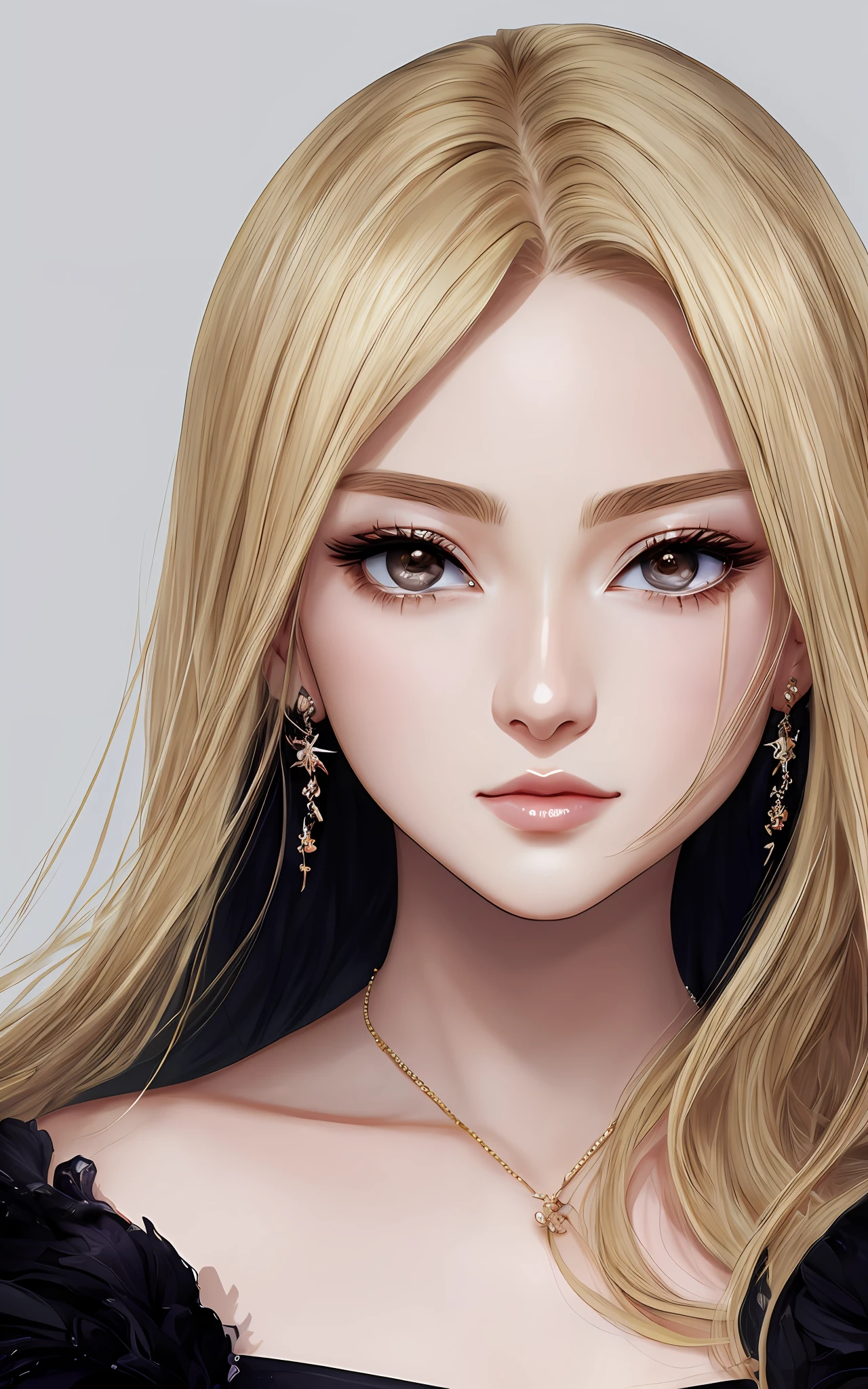 anime styled、Beautiful woman like a fashion model、a closeup、portlate、Beautiful, Moisturized black eyes、Beautiful blonde without hair ornament, hight resolution,　top-quality, ​masterpiece, 8k wallpaper、 One Person、