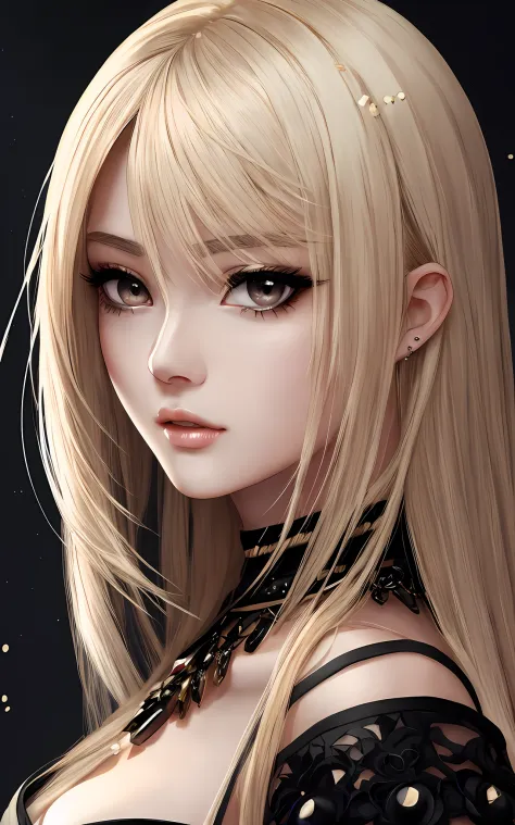 anime styled、Moisturized black eyes、Beautiful woman like a fashion model、a closeup、portlate、Beautiful, Beautiful blonde without hair ornament, hight resolution,　top-quality, ​masterpiece, 8k wallpaper、 One Person、