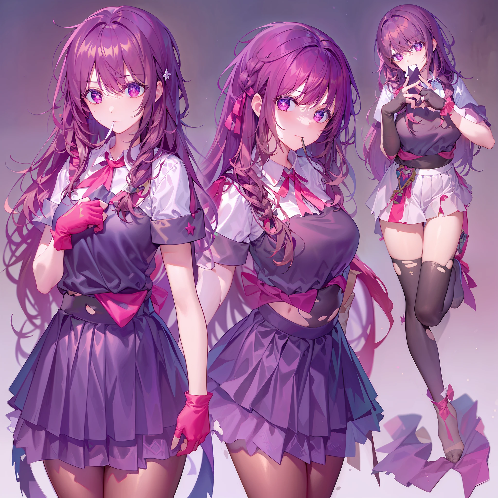 (Masterpiece), (Best quality), (Ultra detailed), Intricate details, Detailed beautiful face and eyes, Yuri Sakazaki, 1girll, Solo, Purple eyes, Brown hair, Long hair gathered in a braid, Red hair ribbon, Fingerless gloves, mitts, Pantyhose, pleated_Skirt, Torn pants, Short sleeves, NSFW, Fingers in the mouth, back facing the camera.Bare belly and thighs