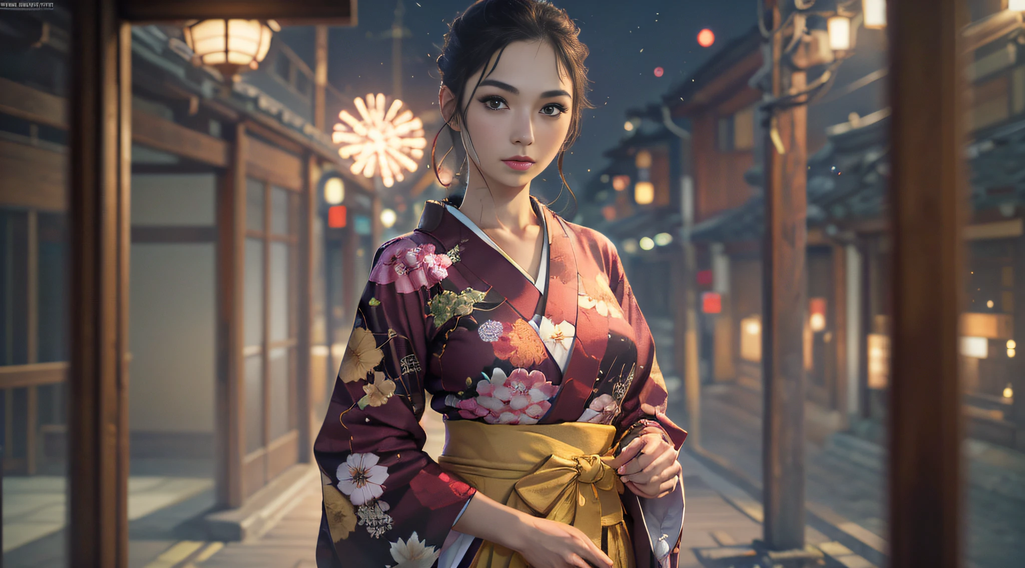 ((Résolution supérieure、Fond d&#39;écran 8k:、chef d&#39;oeuvre、Ultra haute résolution)),１dame adulte、kimono、fête des feux d&#39;artifice、concentration sur le haut du corps、ryokan、Kyoto