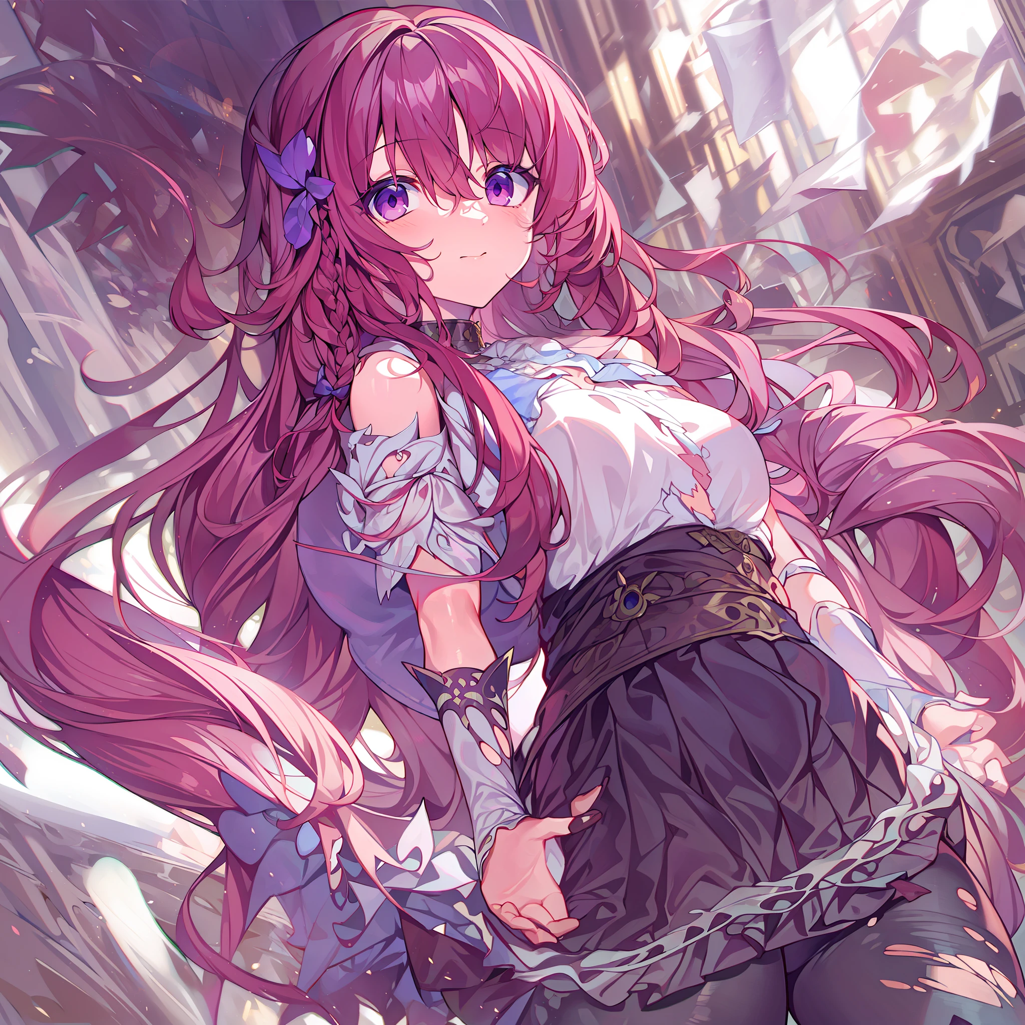 (Masterpiece), (Best quality), (Ultra detailed), Intricate details, Detailed beautiful face and eyes, Yuri Sakazaki, 1girll, Solo, Purple eyes, Brown hair, Long hair gathered in a braid, Red hair ribbon, Fingerless gloves, mitts, Pantyhose, pleated_Skirt, Torn pants, Short sleeves, NSFW, Fingers in the mouth, back facing the camera，Bare belly and thighs