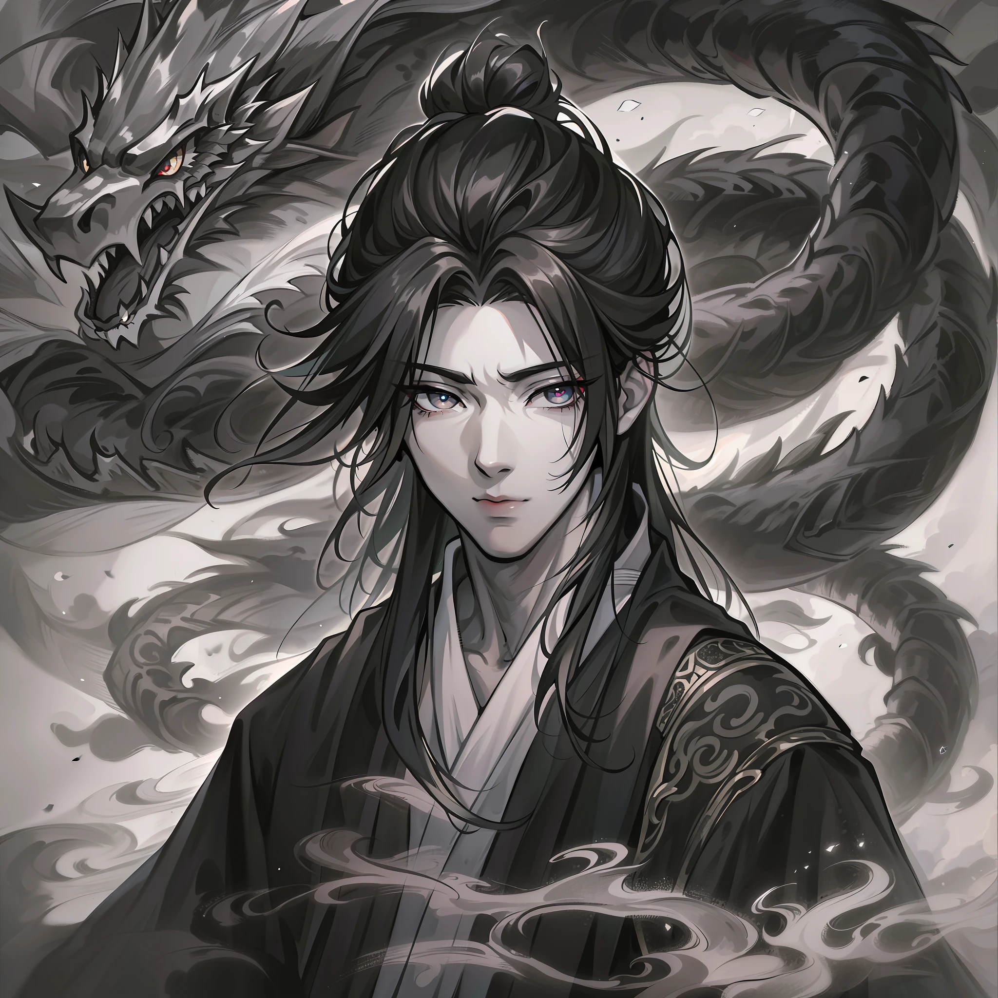 Highest image quality，4K，Ancient Chinese ink style，Handsome antique boy，upperbody closeup，Long black hair，Black and white robes，It is surrounded by black and white double dragons，Eyes glow