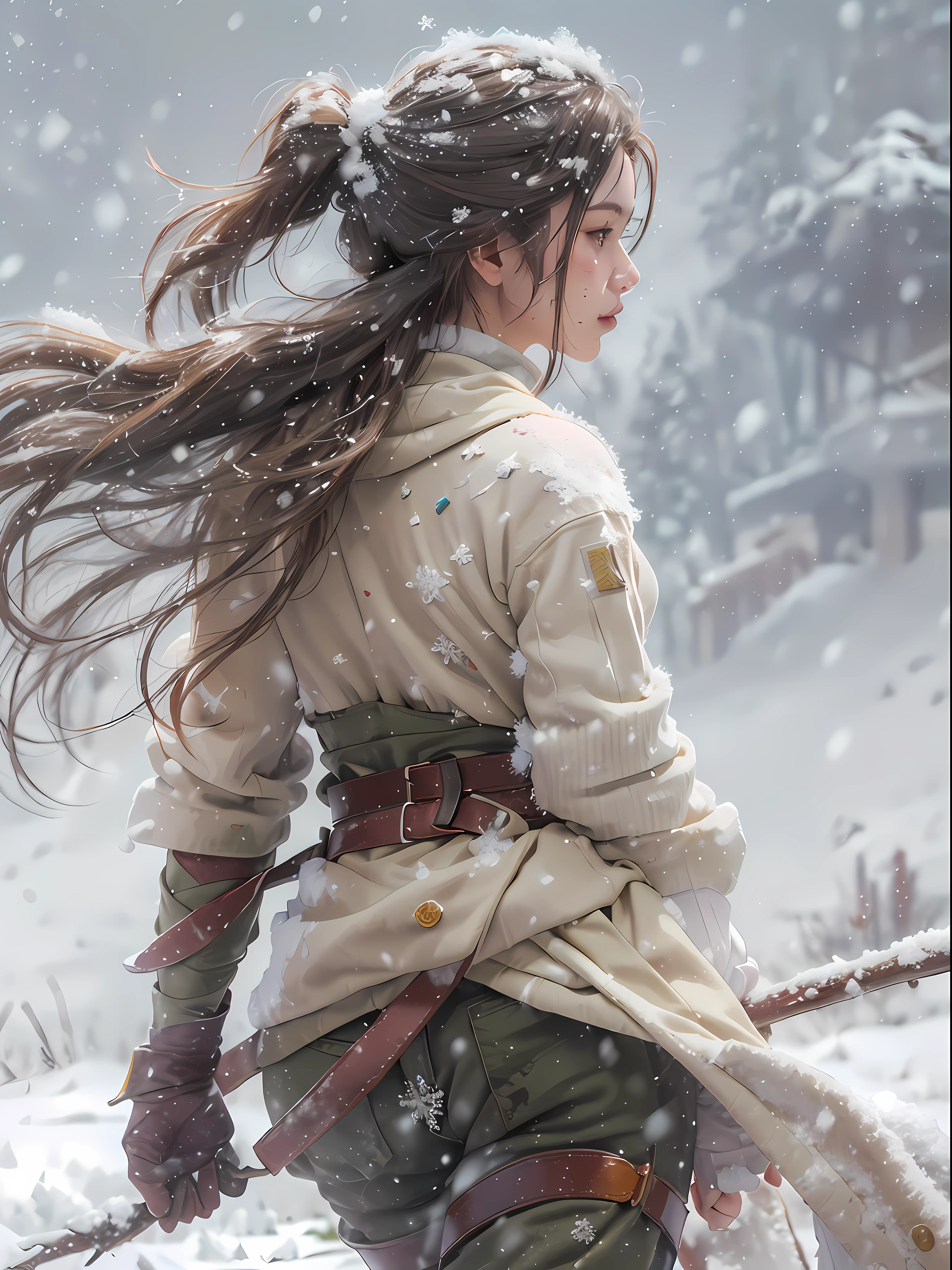 ((obra maestra, mejor calidad)), photoRealista, Realista, Arte De Fantasía, impresionante hermosa, Detalle intrincado, extremadamente detallado,
1 chica, pose dinámica, vista trasera, corriendo sobre la nieve, ella lleva una espalda larga de madera en la espalda, (arco largo de madera:1.3)
((con pelos castaños de cola de caballo, pecho mediano, forma de cuerpo esbelto, hermoso y estetico, [[abdominales]]))
(Lleva una camiseta blanca sin mangas, Pantalón militar beige caqui,cinturón de cuero negro, ropa rota y sucia),
Está herida,
(brazo vendado, vendaje en el brazo izquierdo, sangrado, 
sangre en la ropa)
(nevando, tormenta de nieve, Fondo de nieve:1.5)