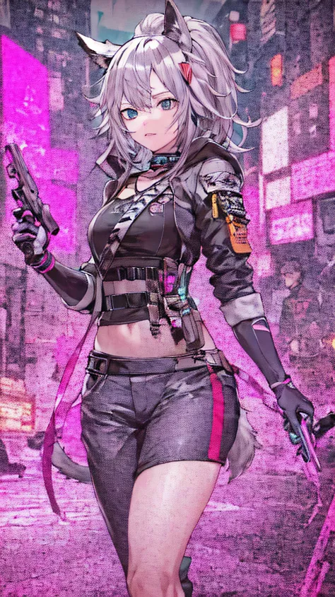 Anime girl with gun and cat ears, icey, icy, icy look in the eye, icey tundra background, Icicles, , Key anime art, cyberpunk an...