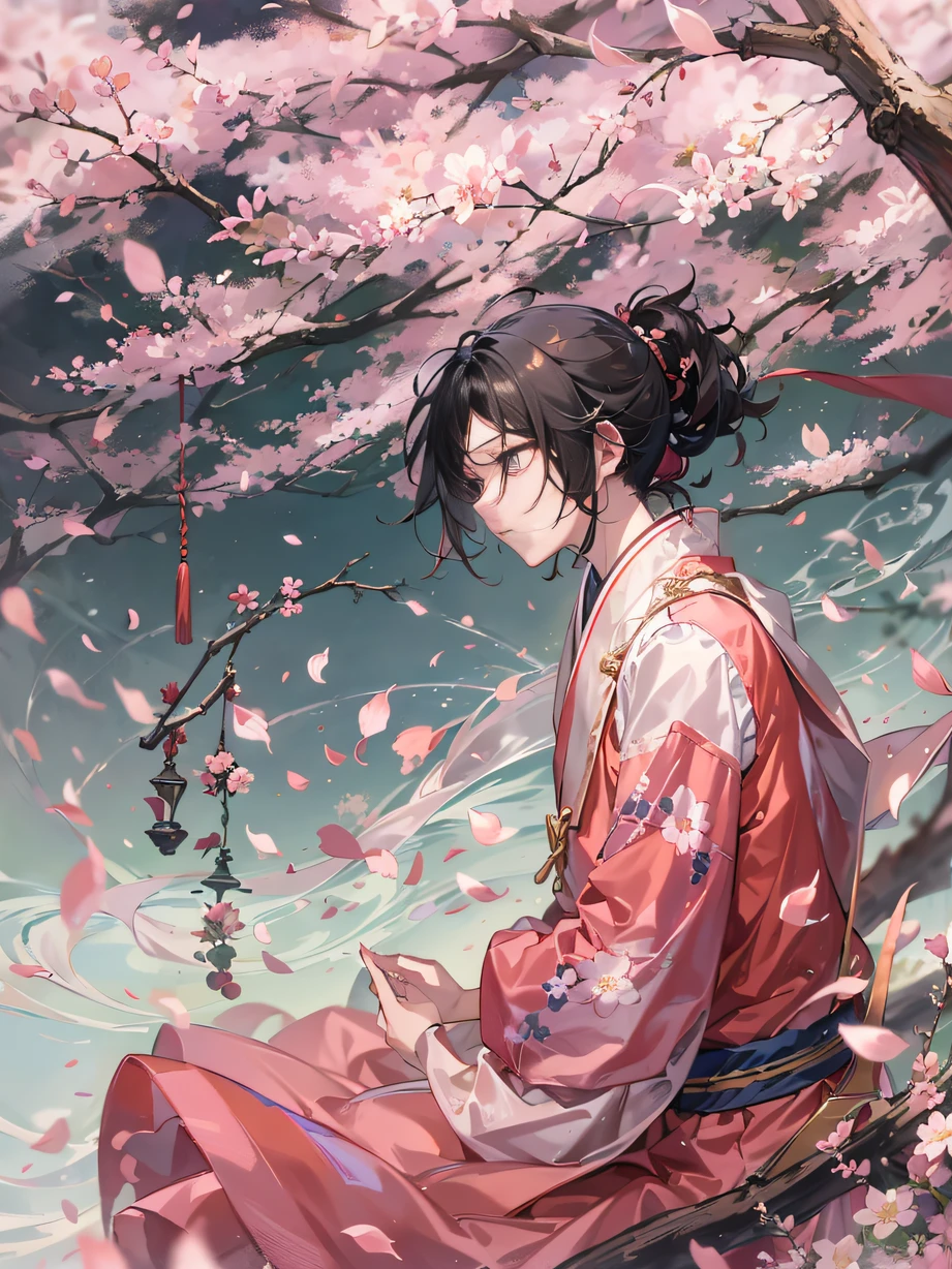 ，Masterpiece, Best quality，8K, Ultra-high resolution，The protagonist stands under a cherry blossom tree，The petals fall in the wind。He looked at the delicate sea of flowers，It evokes fond memories of making agreements with lovers in the past。But at the moment，The scenery has lost its former joy for him，It only brings deeper thoughts and heartbreak。