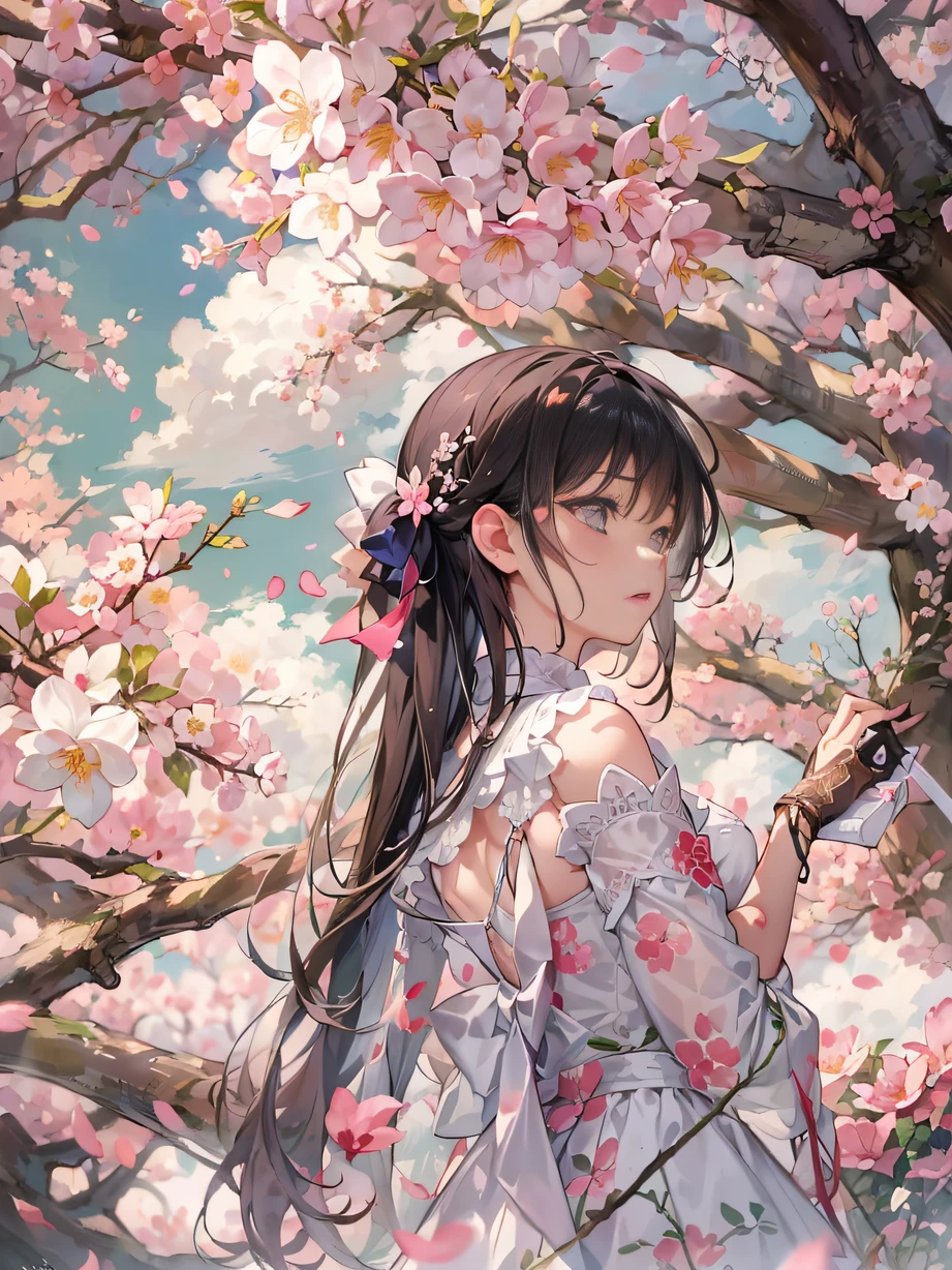 ，Masterpiece, Best quality，8K, 超高分辨率，The protagonist stands under a cherry blossom tree，The petals fall in the wind。He looked at the delicate sea of flowers，It evokes fond memories of making agreements with lovers in the past。But at the moment，The scenery has lost its former joy for him，It only brings deeper thoughts and heartbreak。