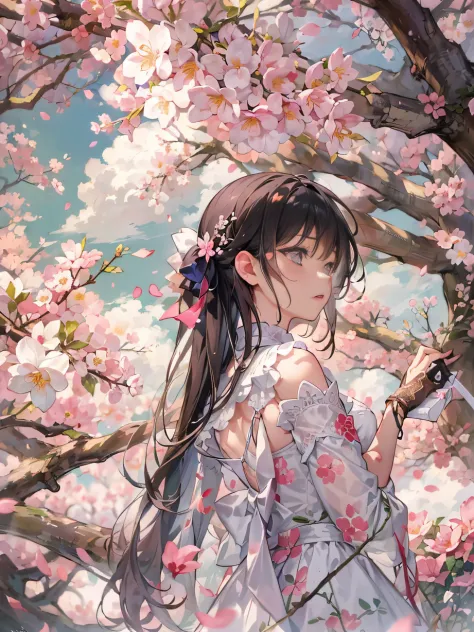 ，Masterpiece, Best quality，8K, 超高分辨率，The protagonist stands under a cherry blossom tree，The petals fall in the wind。He looked at...