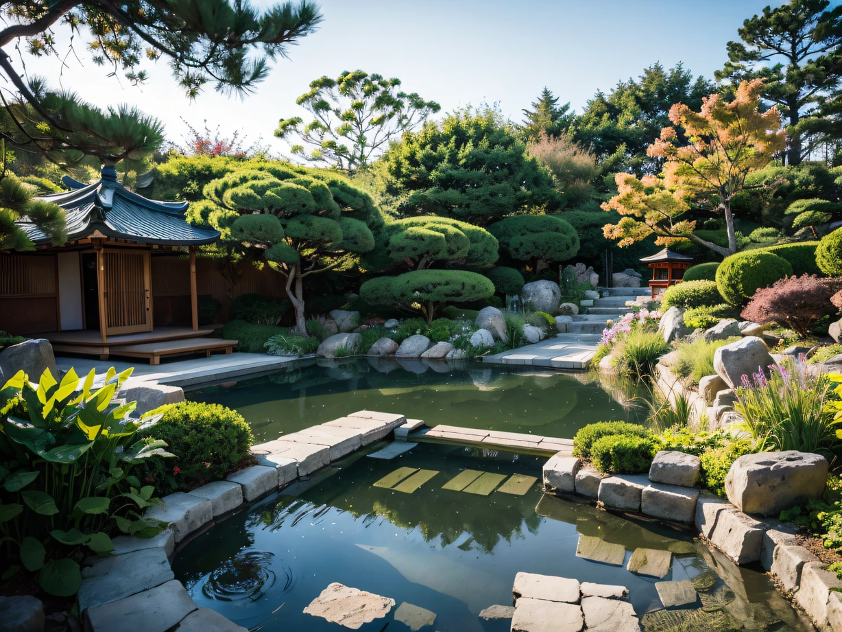 ，Masterpiece, Best quality，8K, 超高分辨率，Reallightandshadow，Step into this Japanese-style garden with Nordic elements，It's like being in a tranquil natural paradise。The trail is boarded，Flowers and plants dot the area，It makes you feel close to nature。The garden is filled with a variety of seasonal flowers in full bloom，Sketch the minimalist beauty of Nordic style。There is a small bridge flowing in the yard，Clear streams flow leisurely，It seems to bring the elegance of a Japanese garden。Sitting in the yard，closing her eyes，It is as if you can hear the wind chimes in the distance。，Experience the peace and tranquility of Japanese gardens and Nordic elements。