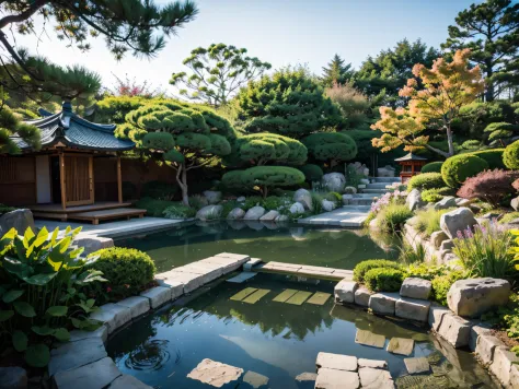 ，Masterpiece, Best quality，8K, 超高分辨率，Reallightandshadow，Step into this Japanese-style garden with Nordic elements，It's like bein...