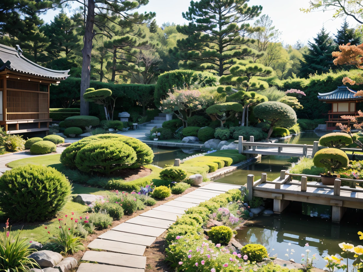 ，Masterpiece, Best quality，8K, 超高分辨率，Reallightandshadow，Step into this Japanese-style garden with Nordic elements，It's like being in a tranquil natural paradise。The trail is boarded，Flowers and plants dot the area，It makes you feel close to nature。The garden is filled with a variety of seasonal flowers in full bloom，Sketch the minimalist beauty of Nordic style。There is a small bridge flowing in the yard，Clear streams flow leisurely，It seems to bring the elegance of a Japanese garden。Sitting in the yard，closing her eyes，It is as if you can hear the wind chimes in the distance。，Experience the peace and tranquility of Japanese gardens and Nordic elements。