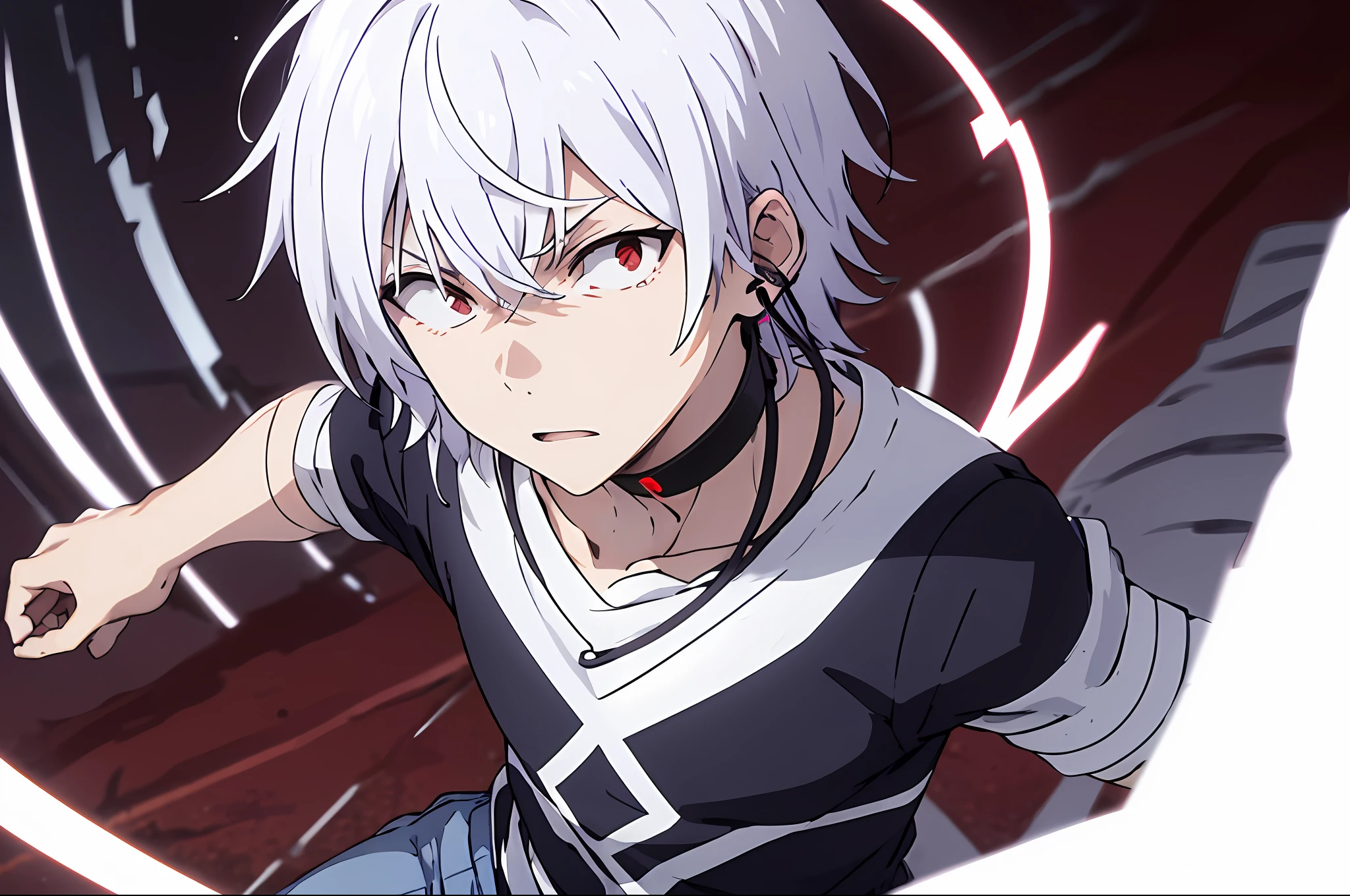 PHA Accelerator、1boy、(red eyes:1.4)、Accelerator(toaru majutsu no index)、Constricted pupils、white  hair、The shirt、独奏、a choker、striped shirt、Stripes、albino、ear phone、underpants、hair between eye、shorth hair、鎖骨、white  shirt、crazy eyes、explosions、
(​masterpiece:1.2、top-quality), highcontrast, portlate, The upper part of the body, radiant light, Transparent background standing picture