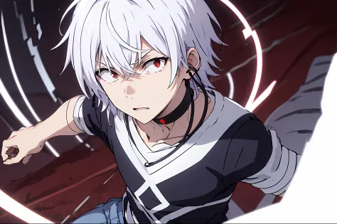 pha accelerator、1boy、(red eyes:1.4)、accelerator(toaru majutsu no index)、constricted pupils、white  hair、the shirt、独奏、a choker、str...