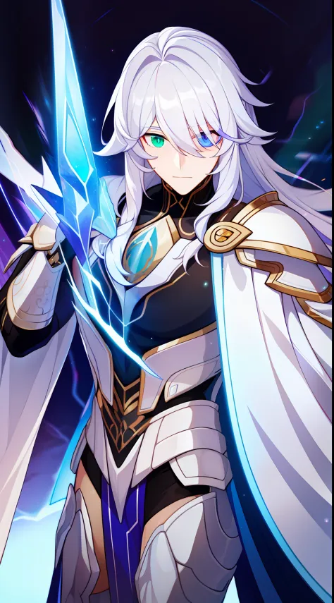 young guy, long white hair, heterochromia, the left eye is blue, the right eye is purple, armor of the god of thunder, thor, mas...