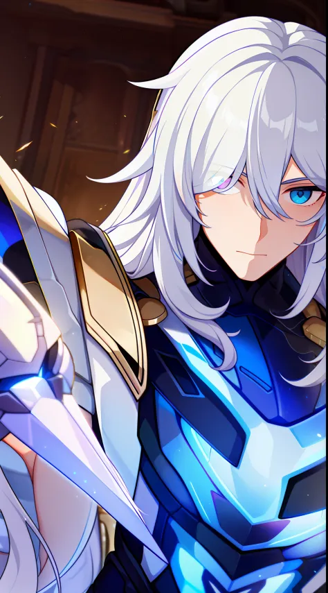 young guy, long white hair, heterochromia, the left eye is blue, the right eye is purple, armor of the god of thunder, thor, mas...