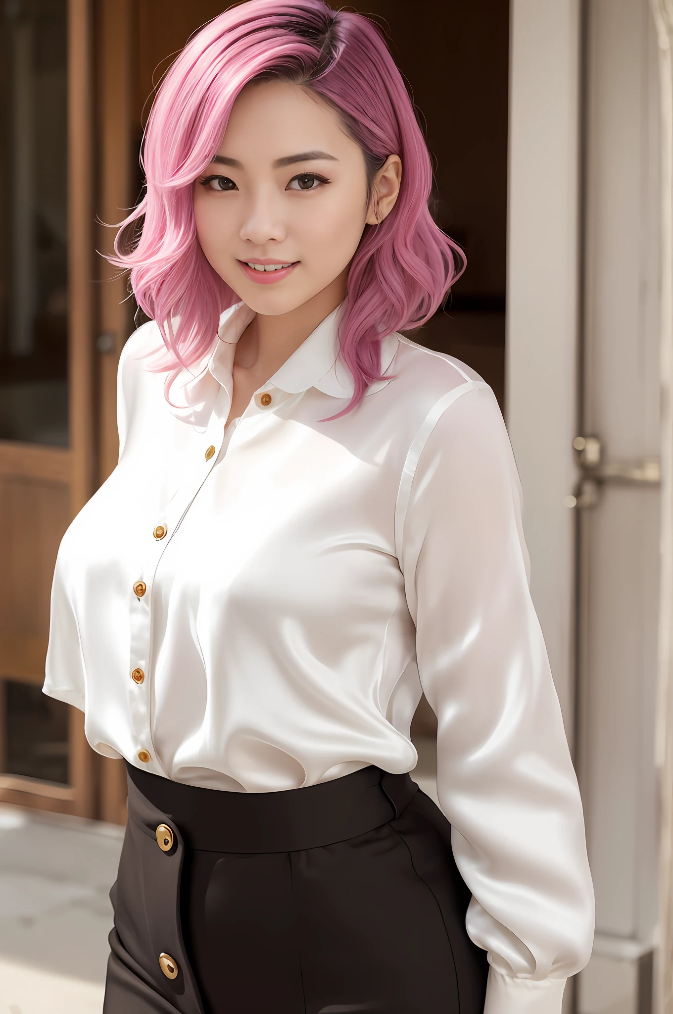 Beautiful Japanese woman, wavy hot pink hair, white tight (((silk))) button blouse, masterpiece, best quality, photorealistic, HD, smiling, cute, long sleeves, medium breasts