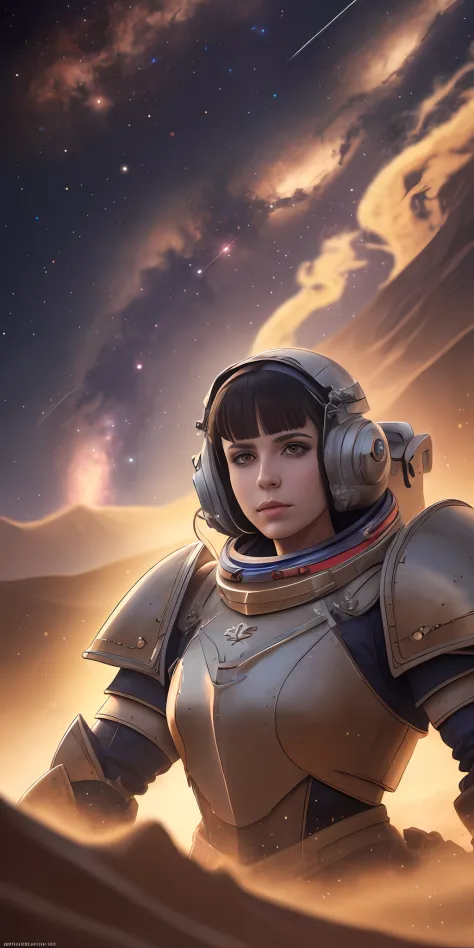 portrait of a space marine woman, pronounced feminine feature, red and blue heavy armor, in the desert, detailed, cinematic comp...