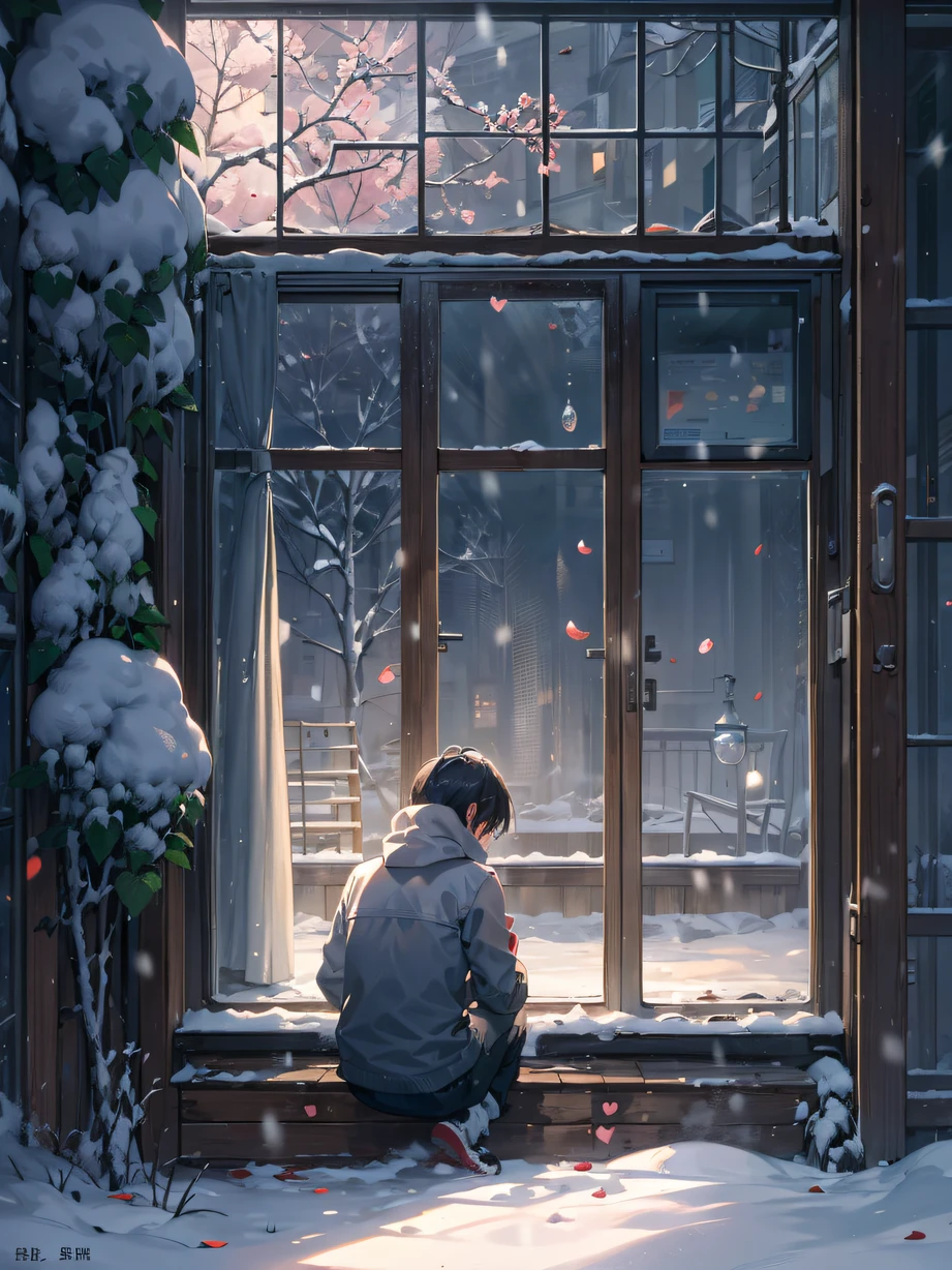 ，masterpiece, best quality，8k, ultra highres，On a cold winter evening，The  protagonist sits alone in front of the window。The snow outside the window fell like a flower，Falling on the window glass leaves a beautiful and cold pattern。He lowered his head，Tears slipped down his eyes，Reflecting his painful mood。Asbestos door in the corner，Shrouded in the shadow of snow，It is a metaphor for the haze and sadness in his heart。