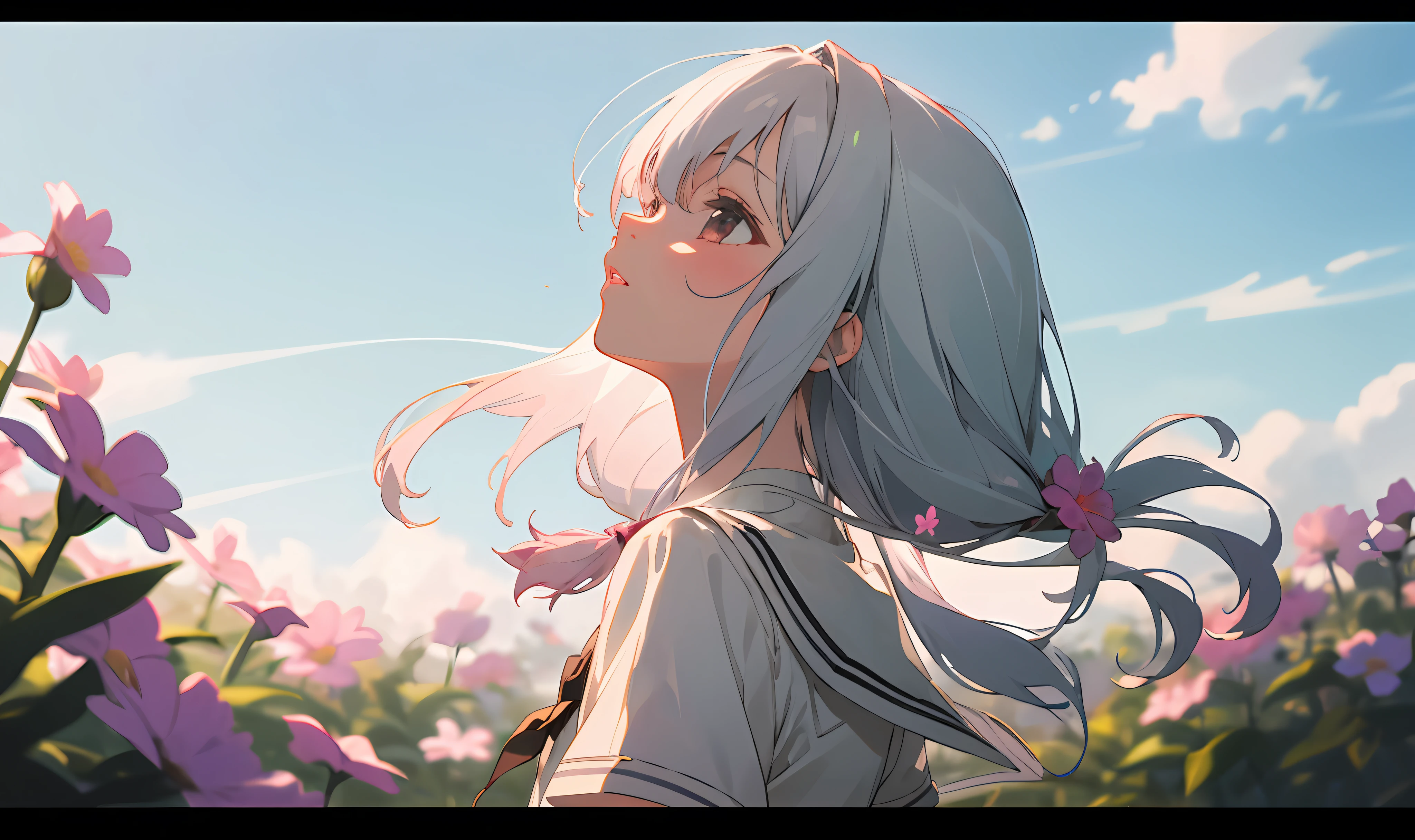 (masterpiece, best quality),1girl, solo, flower, long hair, outdoors, letterboxed, school uniform, day, sky, looking up, short sleeves, parted lips, shirt, cloud, black hair, sunlight, white shirt, serafuku, upper body, from side, pink flower, blurry, brown hair, blue sky, depth of field