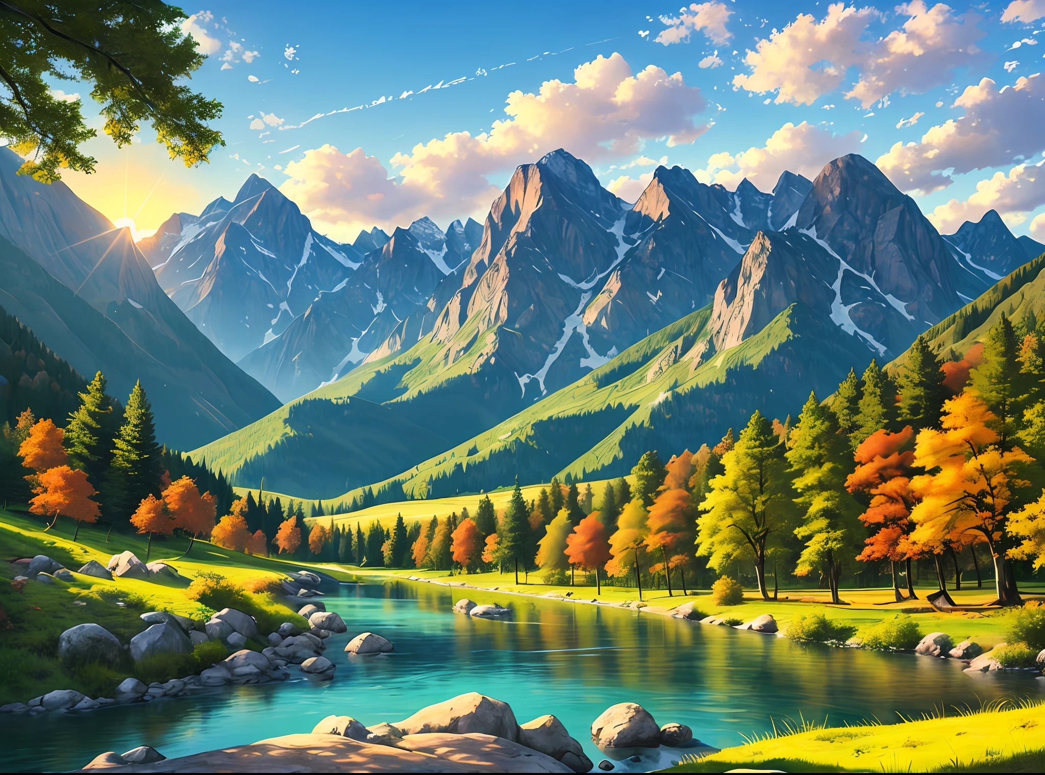 detailed background, masterpiece, best quality, scenery, mountains, river, forest, sun, day, clouds --auto