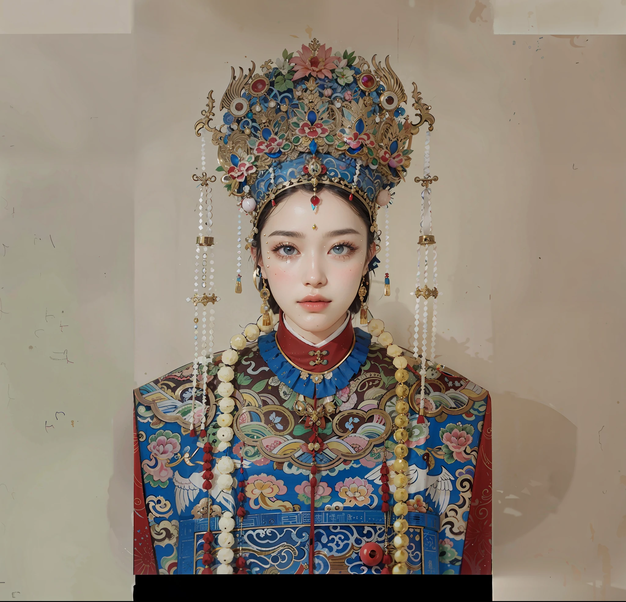 BREAK， 1girll， solo， looking at viewert， Wearing a phoenix crown on his head，gold jewels，Hanfu（Young cute and beautiful 2 girl：1.1）， 3D Face， beuaty girl， beauitful face， Pretty big breasts， Girl face， Kpop idol，（Chinese style hand drawn background，Fresh and elegant background，）， supermodel， stunning innocent symmetry face， （Empress of ancient China）， Perfect body， （highdetailskin：1.2）， glowing light eyes， goddes， Natural skin texture， Glossy glossy skin， white skinned， beautiful  detailed face，Detailed face，Authentic skin texture，Cute and delicate face，Fine face，the golden ratio，face in golden proportions，Expressive eyes，s the perfect face，Perfect skin，Flawless face，Clear face，shinny hair，paleskin， Proper body proportion，perfect anatomia，realistic skin textures，lusciouslips，Glossy lips，Natural makeup，beautiful bright pupils，slender figures，complex eyes，Detailed pupils， Detailed face and eyes， long eyelasher， Blushlush， nice hand， perfect hand， Nice face， beautiful female bodies， finelydetailedskin， Oily glowing skin， BREAK， （（（（（gem stones， Forbidden castle on the mountain， pixelart， art for the game， Critical vision， hyper realisitc））））， BREAK， （pureerosface_v1：0.5）， （ulzzang-6500：0.5）， （kbxll：0.6），