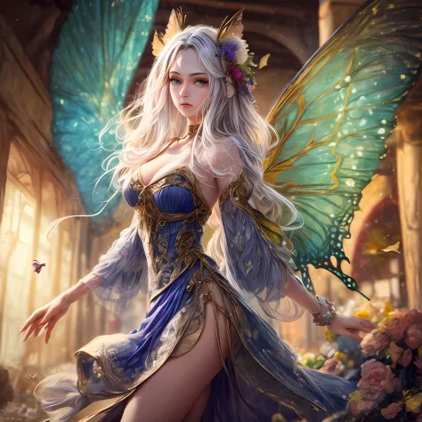 masterpiece, highres, realistic, photographic, exquisite body, gorgeous face, milky skin, intricate details, high resolution, high detail RAW color photo, wallpaper,. 1girl, long hair, bug, pointy ears, butterfly, flower, dress, white hair, solo, detached ...