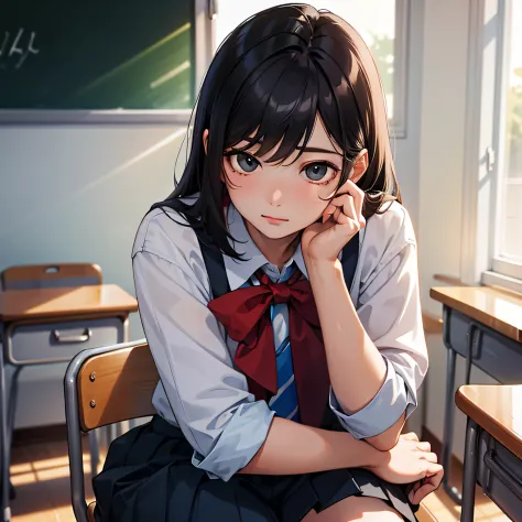 A high school boy，（in school uniform：1.3），upperbody closeup，sitting in classroom