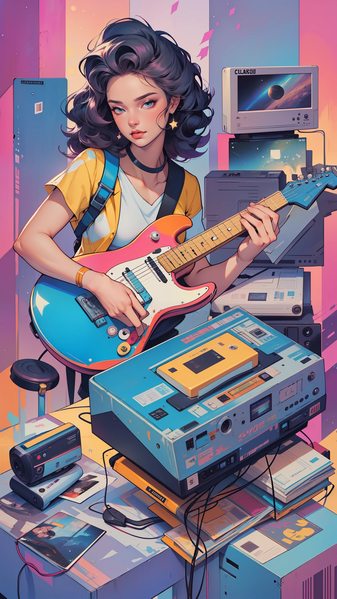 cassette, skateboard, rollers, tape recorder, console, video games,  nostalgic, retro, retrowave , synthesizer, electric guitar, drums, music, highly detailed clean Богиня, Brilliant spectrum,In a chic, lavender white mint pink hair,  pastel, mixed-language_SMS, (beautiful and clear background:1.2),high detailed eyes, crystals,   outer space, galaxy, Gorgeous hair, Loving. Love. ultra detail hair, Best Quality, hiquality, hight resolution, detail enhancement, ((most beautiful image in the world)), Masterpiece, Best Quality, High Quality Detail Enhancement, ((most beautiful image ), Shiny hair,Stampa Flores, art by stjepan sejic, art by j scott campbell, Artist Guillem March, art by citemer liu, 4k, hight resolution, comic book character, comic, high quality detailed,   style of ::2.0 comix illustration style,tatoon style, hiquality, hight resolution, detail enhancement, 8K, HD, Best Quality, hiquality, hight resolution, detail enhancement, 8K, HDR, sharp-focus, Ultra Detailed, Perfect,Sits, sparks, Stars, The Cycle of the Stars