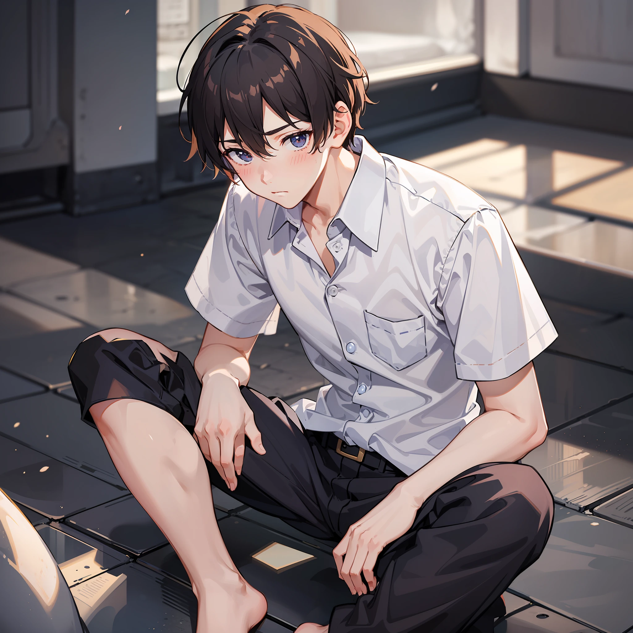 Anime boy sitting on the ground with his feet crossed - SeaArt AI