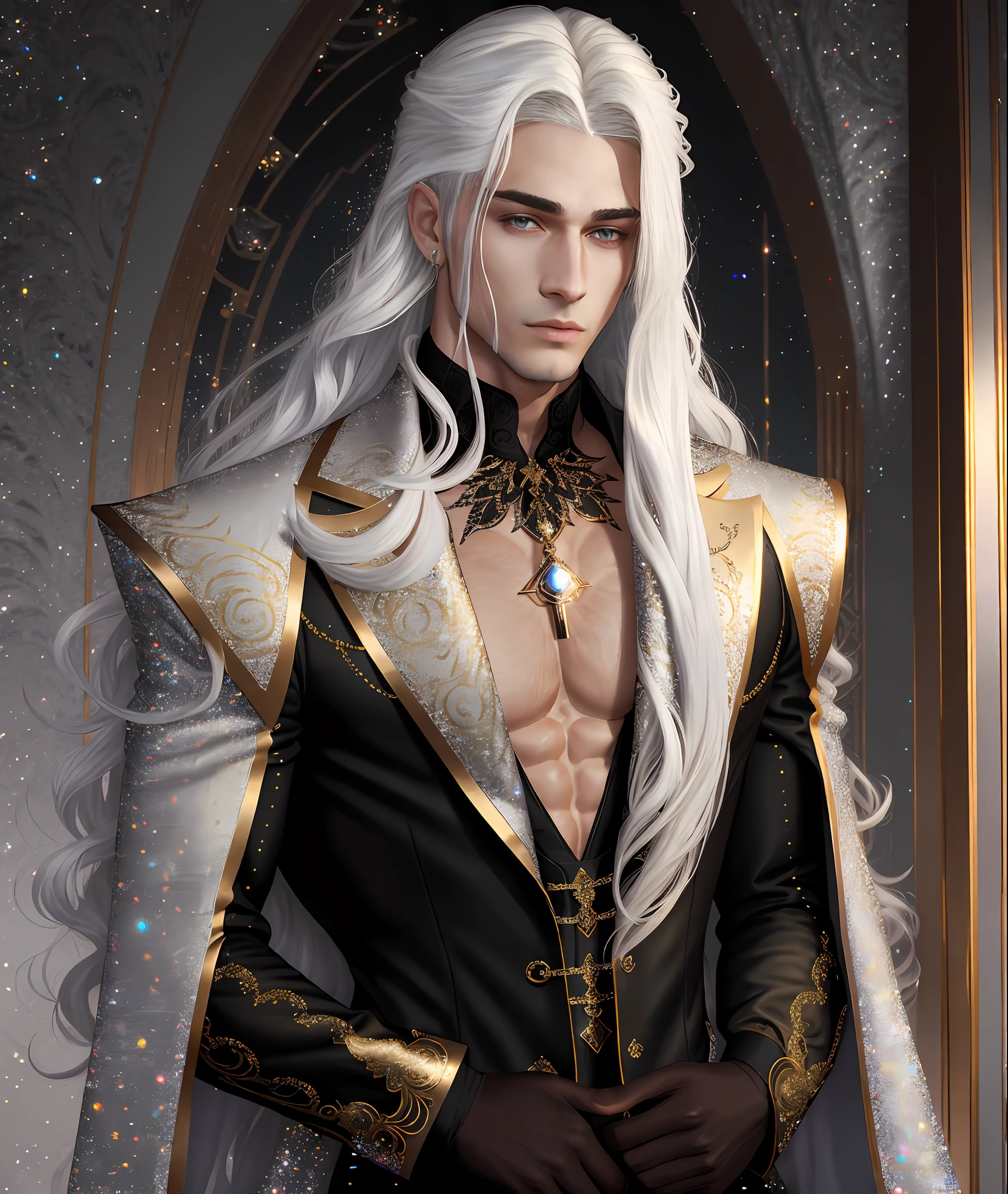gorgeous dapper male with perfect balance of masculine and feminine features, stunning long white hair, white and gold tetradic colors, perfect anatomy, seductive eyes, , 8k resolution, (Single person), masterpiece, perfect face:1.2), intricate details, gothic detailed background, 32k, covered navel, full lips, curvy guy, cinematic lighting, balenciaga, glitter