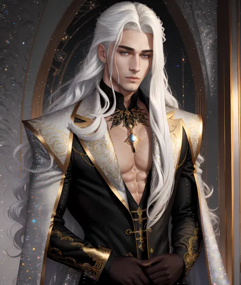 gorgeous dapper male with perfect balance of masculine and feminine features, stunning long white hair, white and gold tetradic ...