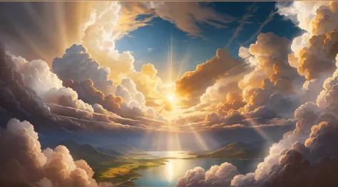 "Majestic clouds gently illuminated by golden rays of sunlight, evoking the enchanting ambiance of Greek mythology's Mount Olympus, kissed by a gentle breeze, a look from above"