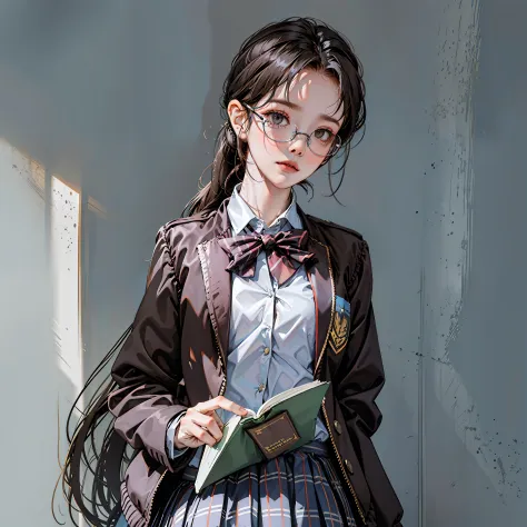 kr-pny, Outrageously long ponytail, Parted bangs, Dress school uniform, Dark gray open jacket, Dark gray blazer, Pleated skirt, ...