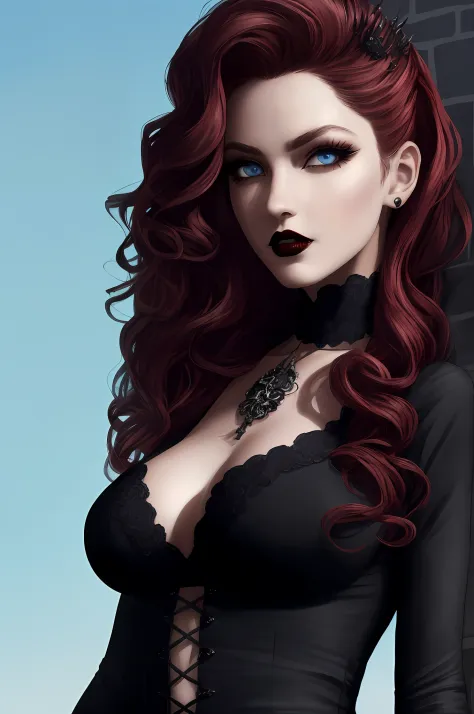 Complete artwork masterpiece, full-body image, high quality, ultra detailed in 4k, 8k, hyper-detailed, realistic skin texture, amazing shadows, highly detailed background, extremely detailed texture. A elegant gothic dress, vampiress, ((Red wavy hair)), (p...