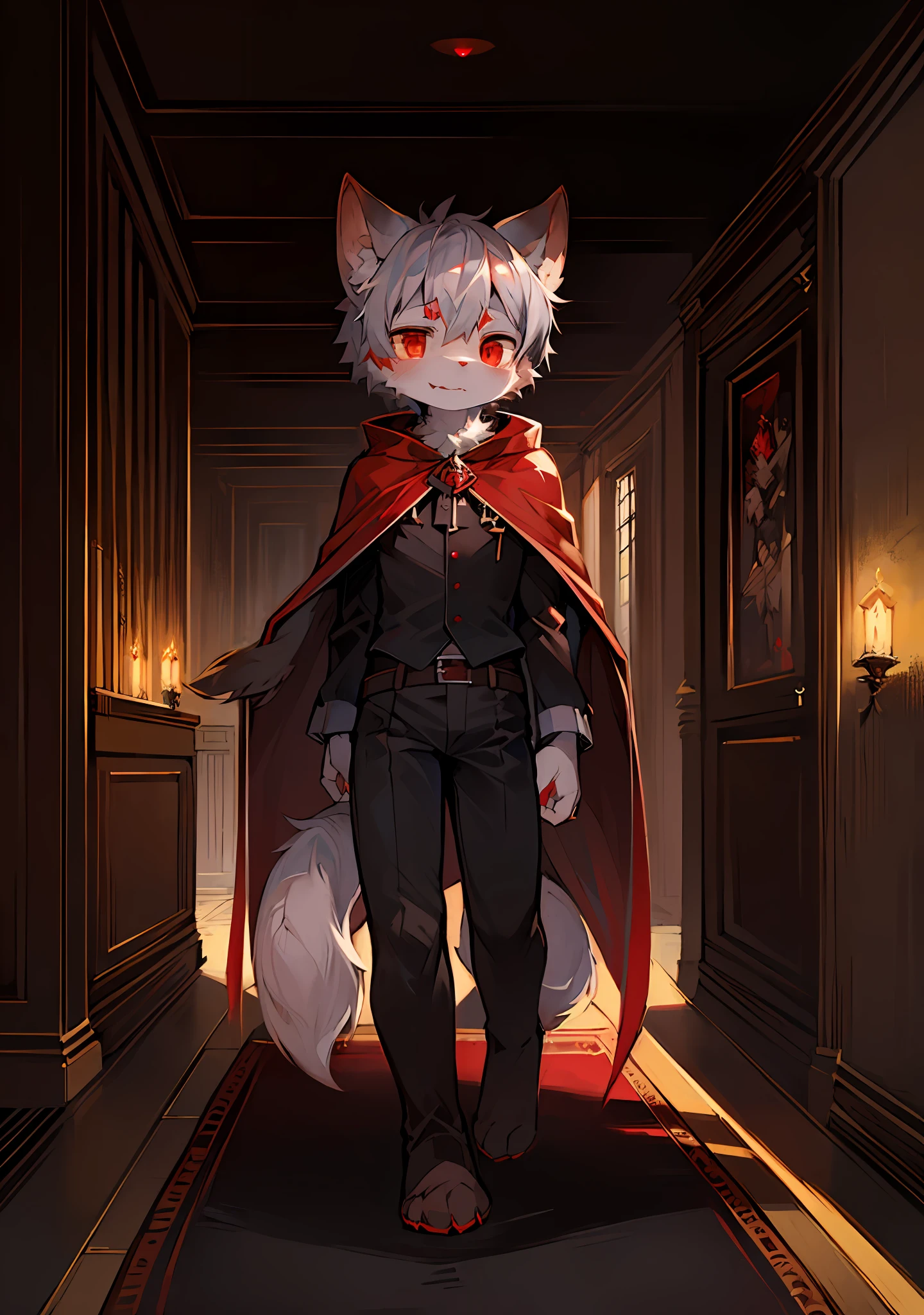 (dark environment:0.8),masterpiece, high quality, absurd res, digital painting \(artwork\), by dagasi, yupa,kiyosan,(anthro,fluffy fur,character focus:1.1),anthro male cat,short hair,portrait, bright eyes,panorama,character focus.(detailed background:0.7),solo,furry,furry male ,male focus,anthr,(Full body fur, fluffy tail, white fur,red eyes,gray hair:1.2),(long canines,vampire, cape:1.2),(interior,night, castle, coffin:1.1)