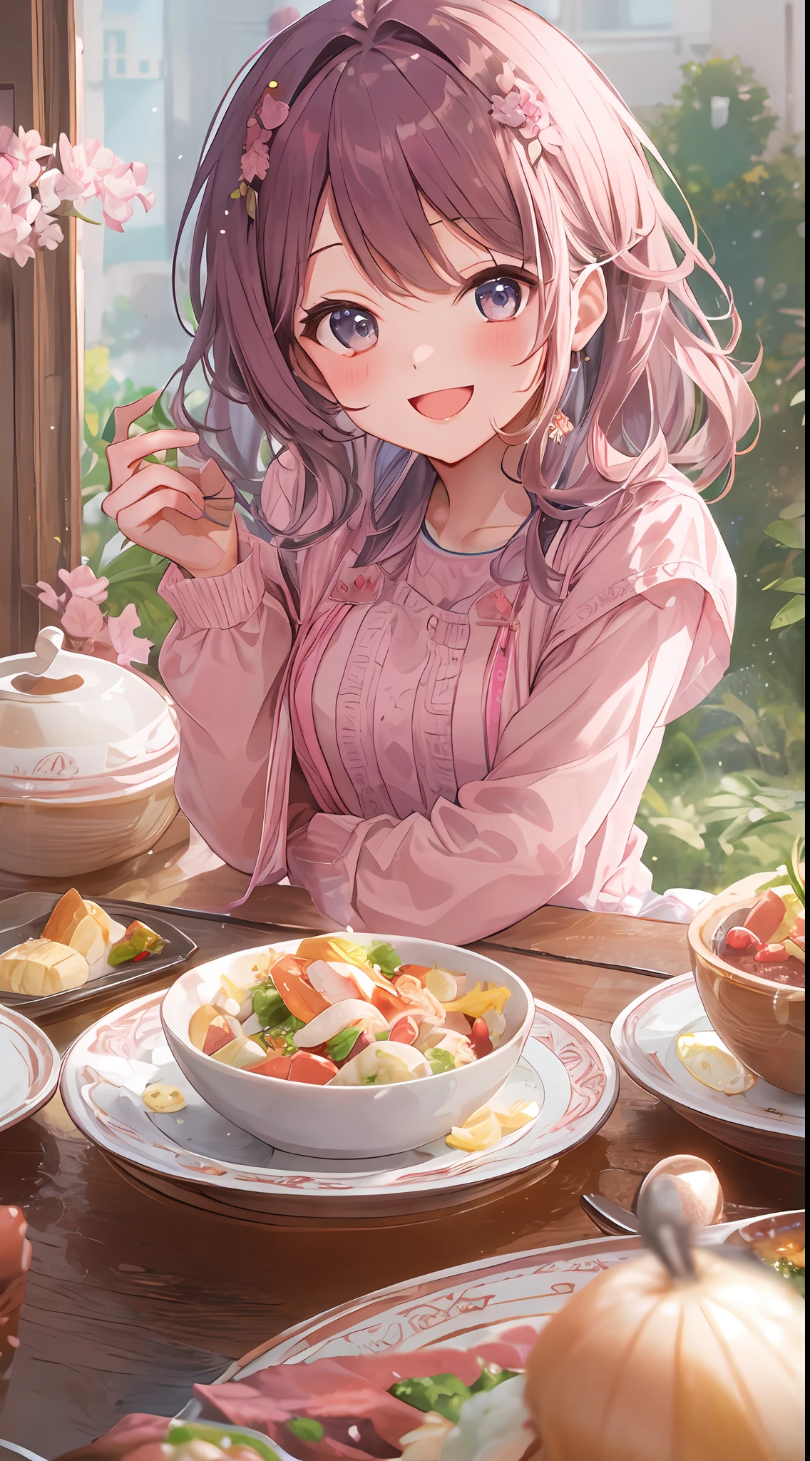ภาพของสาวน่ารักที่ชอบสีชมพู, รูปร่าง々รับประทานอาหารจานฉลอง, พร้อมยิ้มและโพสท่าให้กล้อง, ด้วยท่าทางน่ารัก.
