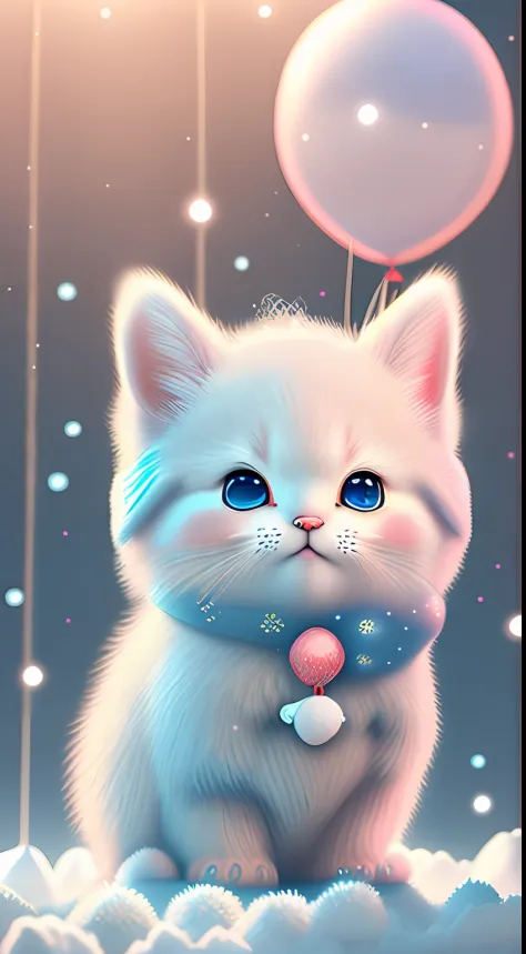 In this ultra-detailed CG art，Cute kittens surrounded by ethereal balloons，laughingly，blingbling，red colour，Best quality at best，A high resolution，Complicated details，fanciful，cute animal，Funny，Open-mouthed！！！，laughingly！！，To the right！！！
