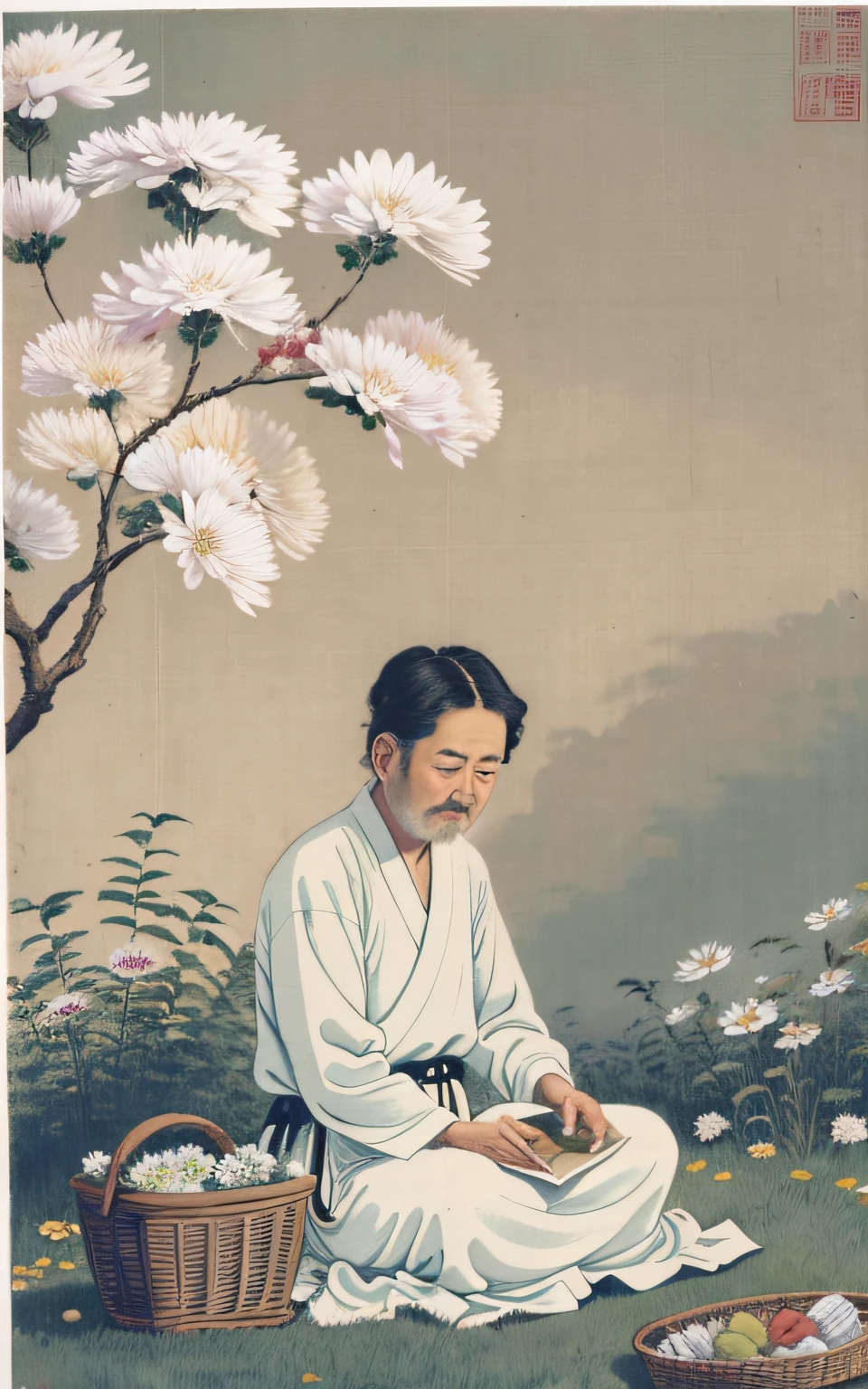 The poet picks chrysanthemums in the picture，A poet dressed in period costume，Sit under the east fence，Holding a thin rod to pick chrysanthemums。It is surrounded by lush wildflowers and a verdant fence，Reflecting his leisure and ease。The sun shines on him through the leaves，It creates a tranquil atmosphere。