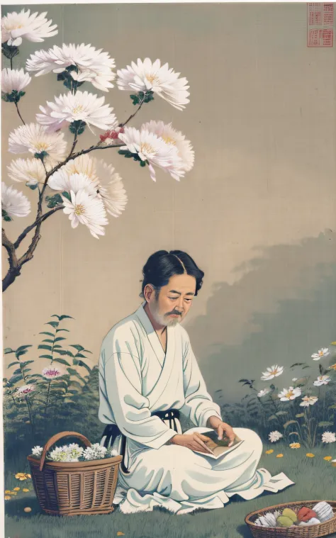 The poet picks chrysanthemums in the picture，A poet dressed in period costume，Sit under the east fence，Holding a thin rod to pic...