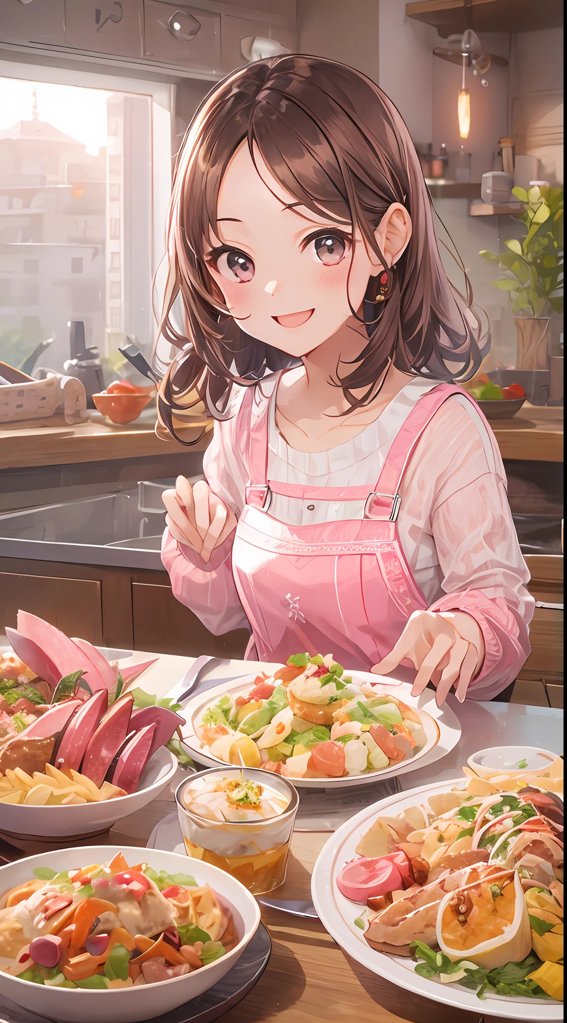 A imagem de uma linda garota que gosta de rosa, Aparência々Coma um banquete de pratos, Com um sorriso e posando para a câmera, Com gestos fofos.