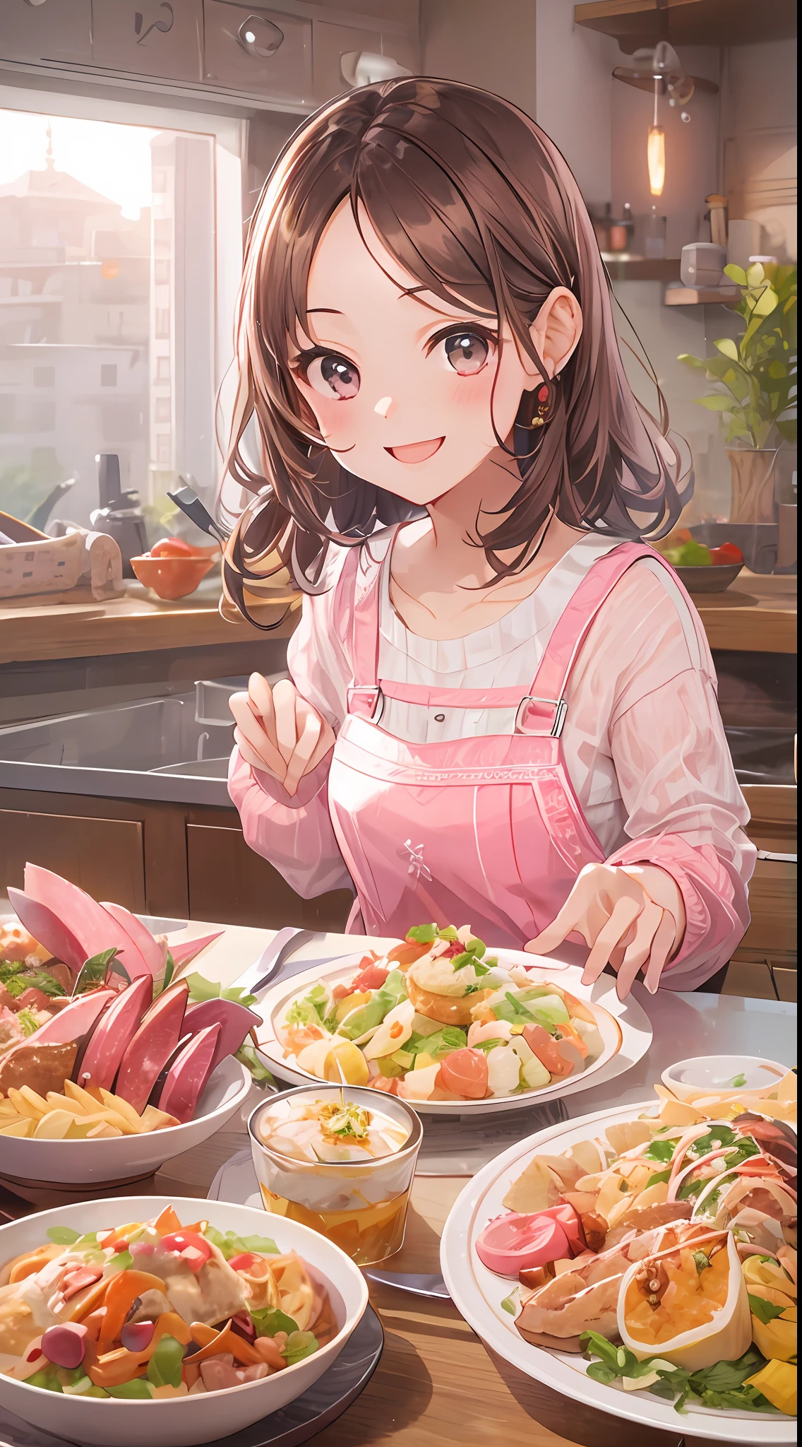 L&#39;image d&#39;une jolie fille qui aime le rose, apparence々Mangez un festin de plats, Avec un sourire et posant pour la caméra, Avec des gestes mignons.