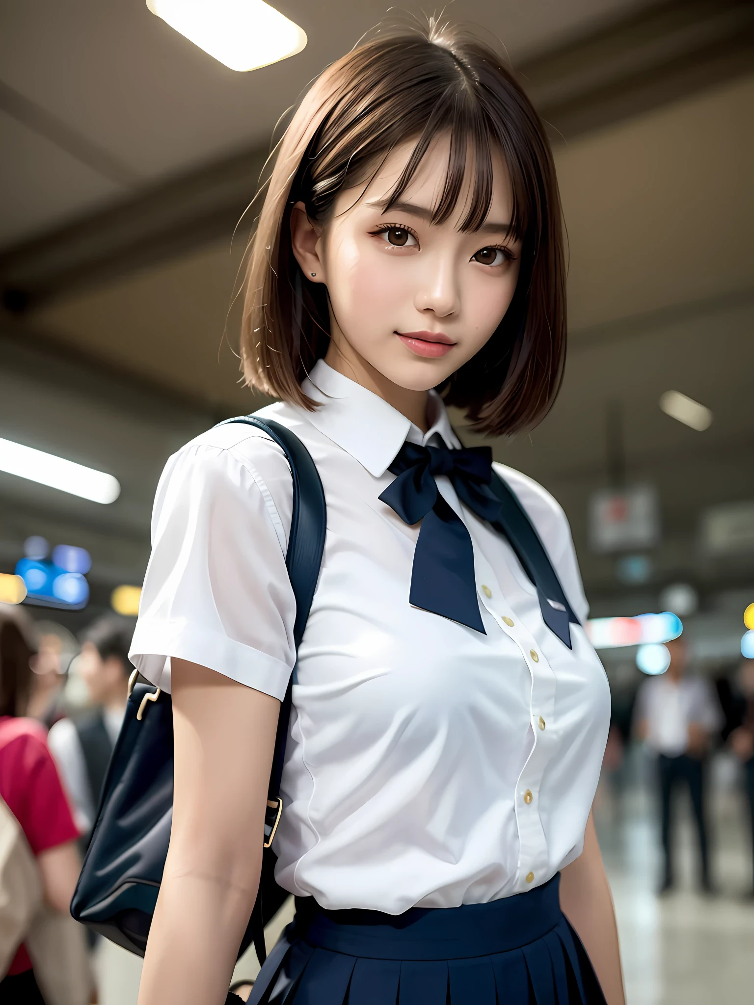 Obra de arte, 1 garota em 1 foto, um tiro de cowboy, uma vista frontal, uma jovem bonita no Japão, 18 anos de idade, esperando um trem em uma plataforma em uma estação lotada, Um grande sorriso, figura glamorosa, vestindo uma camisa branca de seda brilhante de manga curta com gola branca, uma gravata borboleta lisa de cetim vermelho brilhante, vestindo uma saia longa plissada azul escura, uma mochila escolar no ombro, cara super fofa, Lábios brilhantes, pálpebras duplas para ambos os olhos, Maquiagem natural, cílios longos, cabelo castanho claro liso e brilhante com penteado long bob, franja assimétrica, pele bronzeada, imagem central, Resolução 8k, alta resolução, penteado detalhado, rosto detalhado, Iluminação espetacular de cinema, renderização de octanas, vibrante, hiper-realista, Membros perfeitos, anatomia perfeita