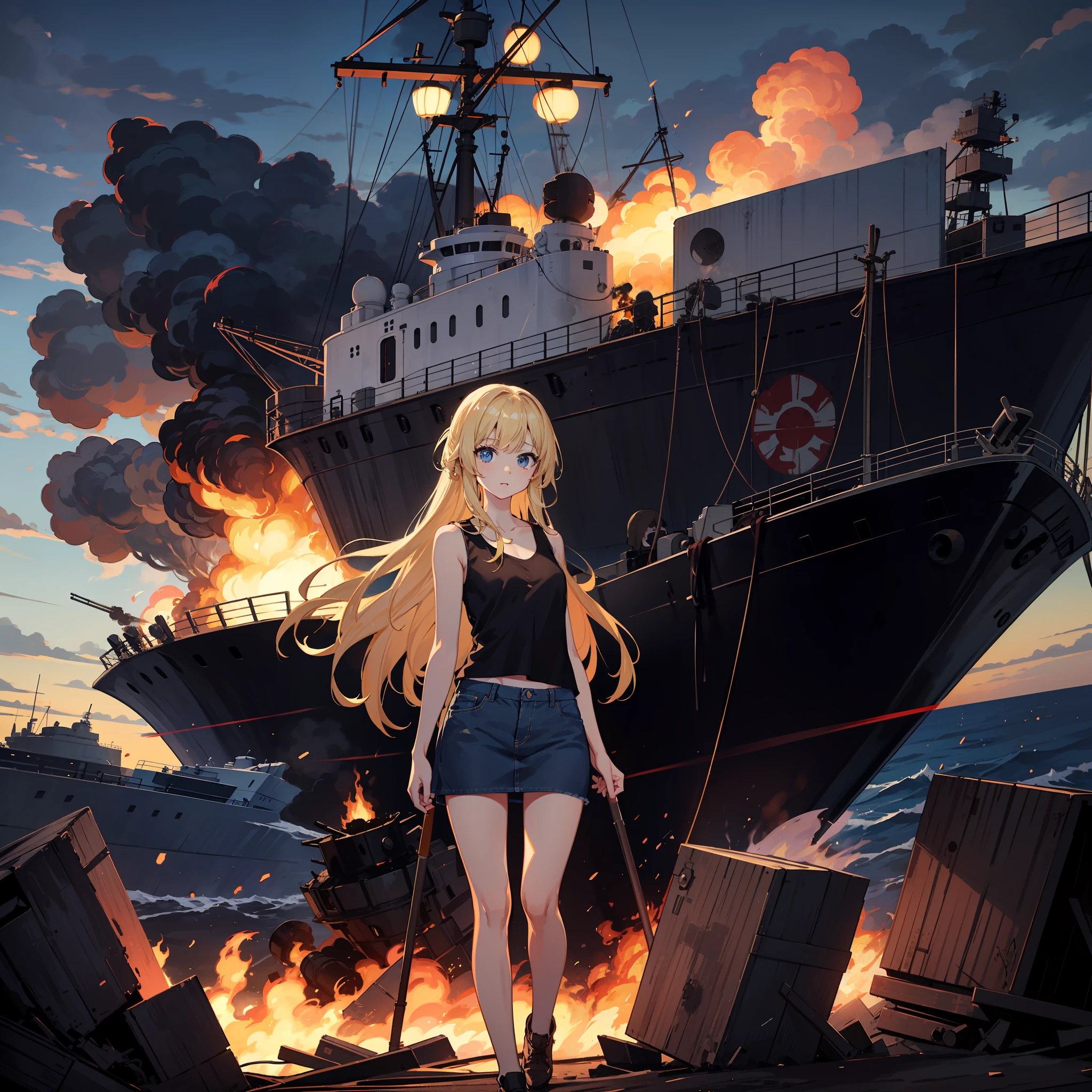 ​masterpiece, Top image quality, hight resolution, Beautiful blonde girl、女の子1人、Whole human body、Blue eyes、deadpan、Black tank top、jean skirt、semi long hair、is standing、showing butt、Shot a bazooka、by night、Naval port blown up in flames、Building in flames、Ship blasted into flames