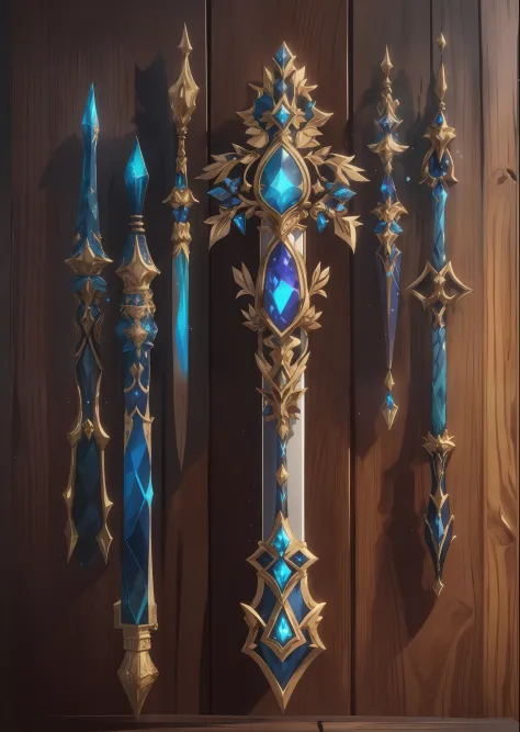 Staff， No Man, opulent, Wood texture, Motivating, Set with blue gemstones, estilo fantasia, Weapons exhibition, weapon design, style of anime, Sparkle, Cinematic lighting, first person perspective, Masterpiece, High quality, High details, Best quality
